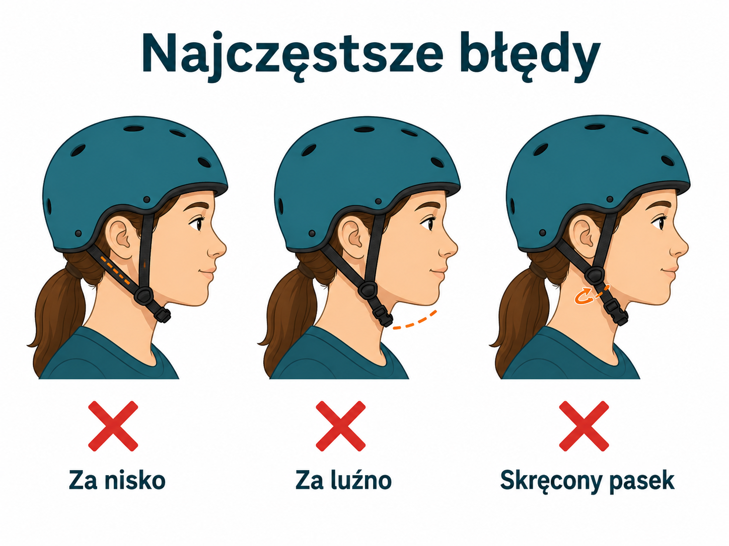 Trzy błędy w ustawieniu kasku: paski ułożone za nisko, za luźny pasek pod brodą i skręcony pasek