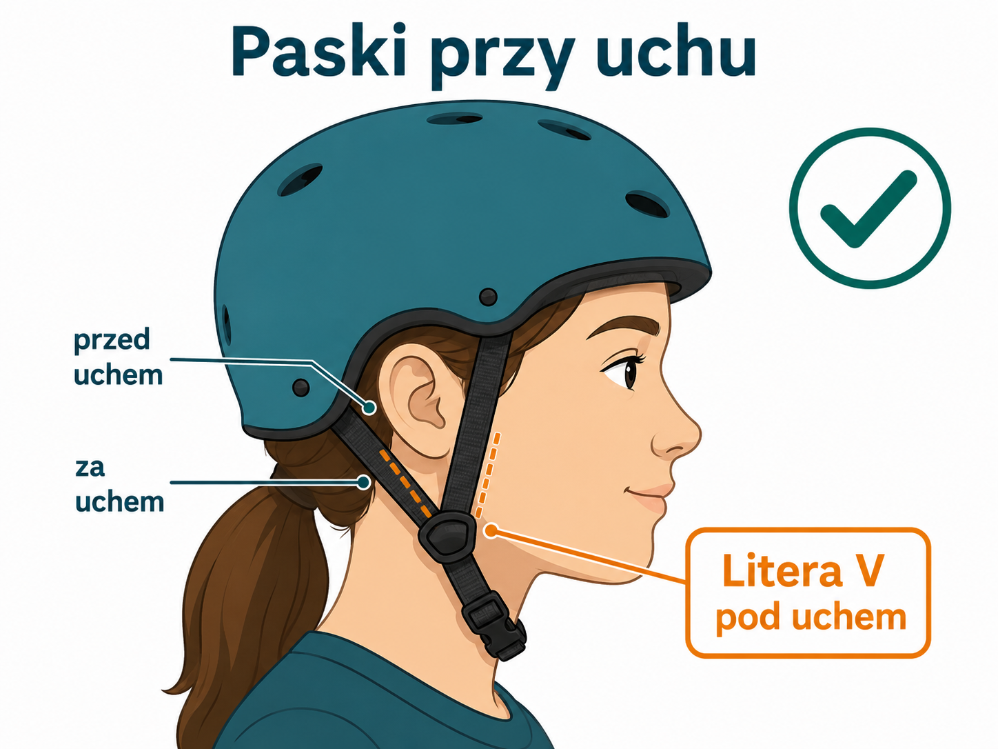Prawidłowo ułożone paski kasku: jeden przed uchem, drugi za uchem, łączą się w literę V tuż pod uchem